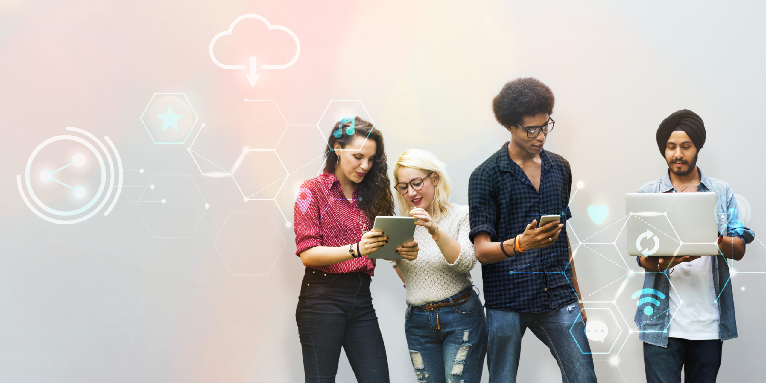 Diverse friends using digital devices